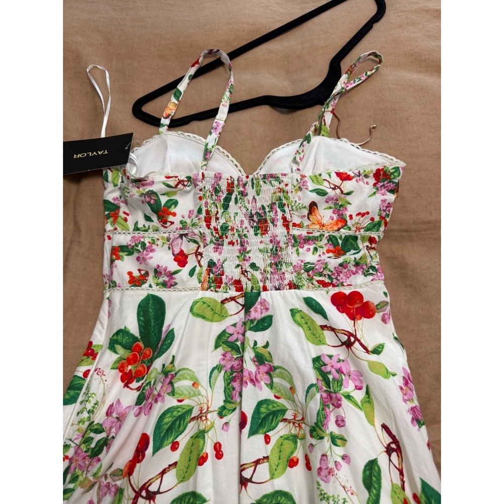 Taylor Women Floral Cherry Print Midi Dress White Red Sweetheart Neck Pockets - Picture 15 of 16